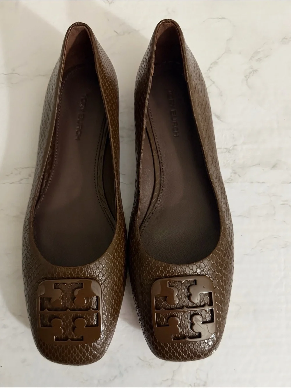 Tory Burch Brown Snake-Texture Logo Ballet Flats